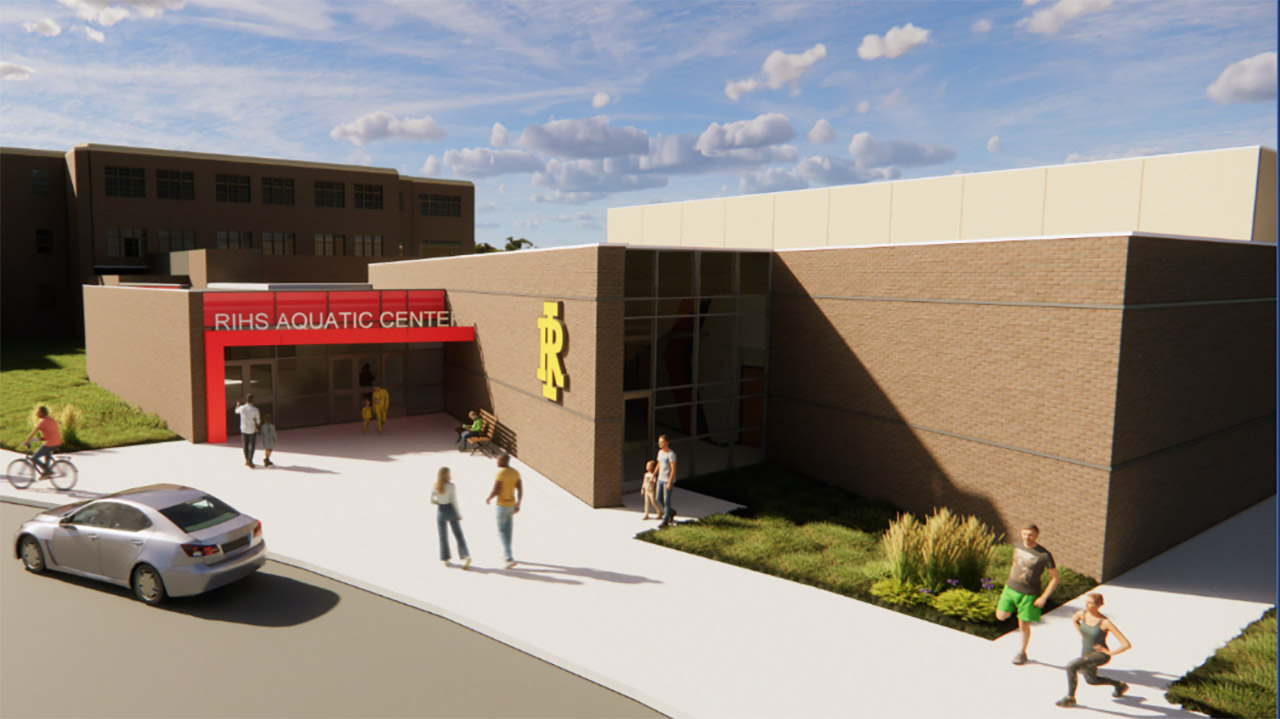 Rendering of aquatic center with red wall