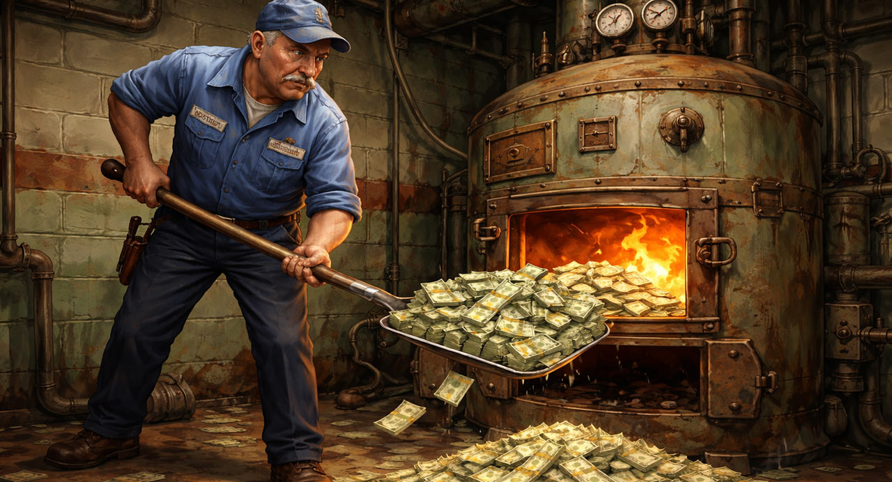School janitor shoveling money into an old furnace
