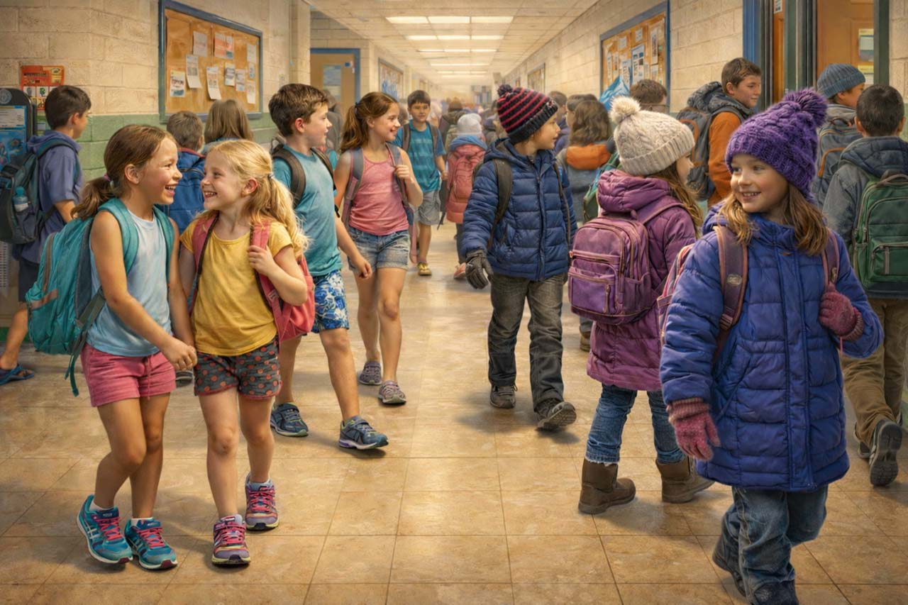 School corridor with some students dressed for summer and others dressed for winter.