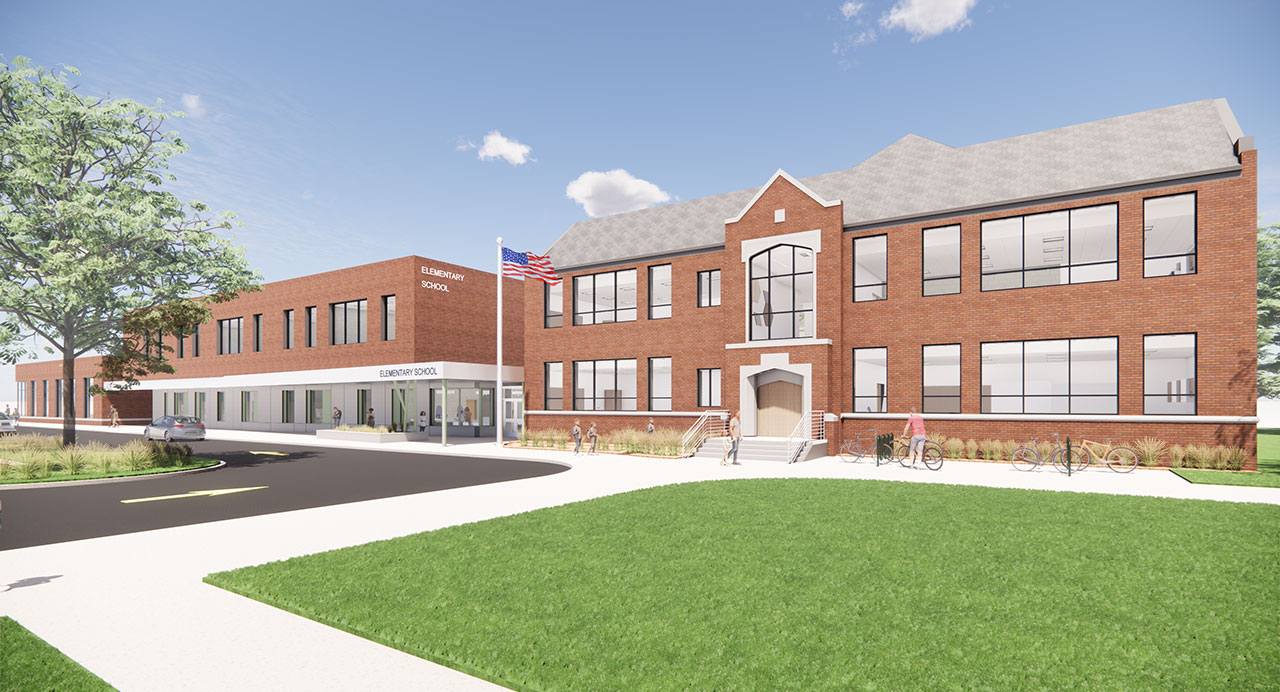 Architectural rendering of Harrison Elementary School in Cedar Rapids, featuring a restored red-brick school building, modern entrance, large windows, landscaping, and bicycle racks.
