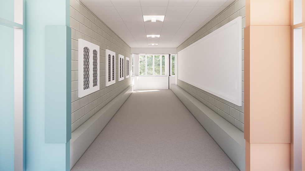 Architectural rendering of a second-floor gallery at Harrison Elementary School in Cedar Rapids, Iowa, designed to display salvaged gym windows and the historic "Transportation" mural.