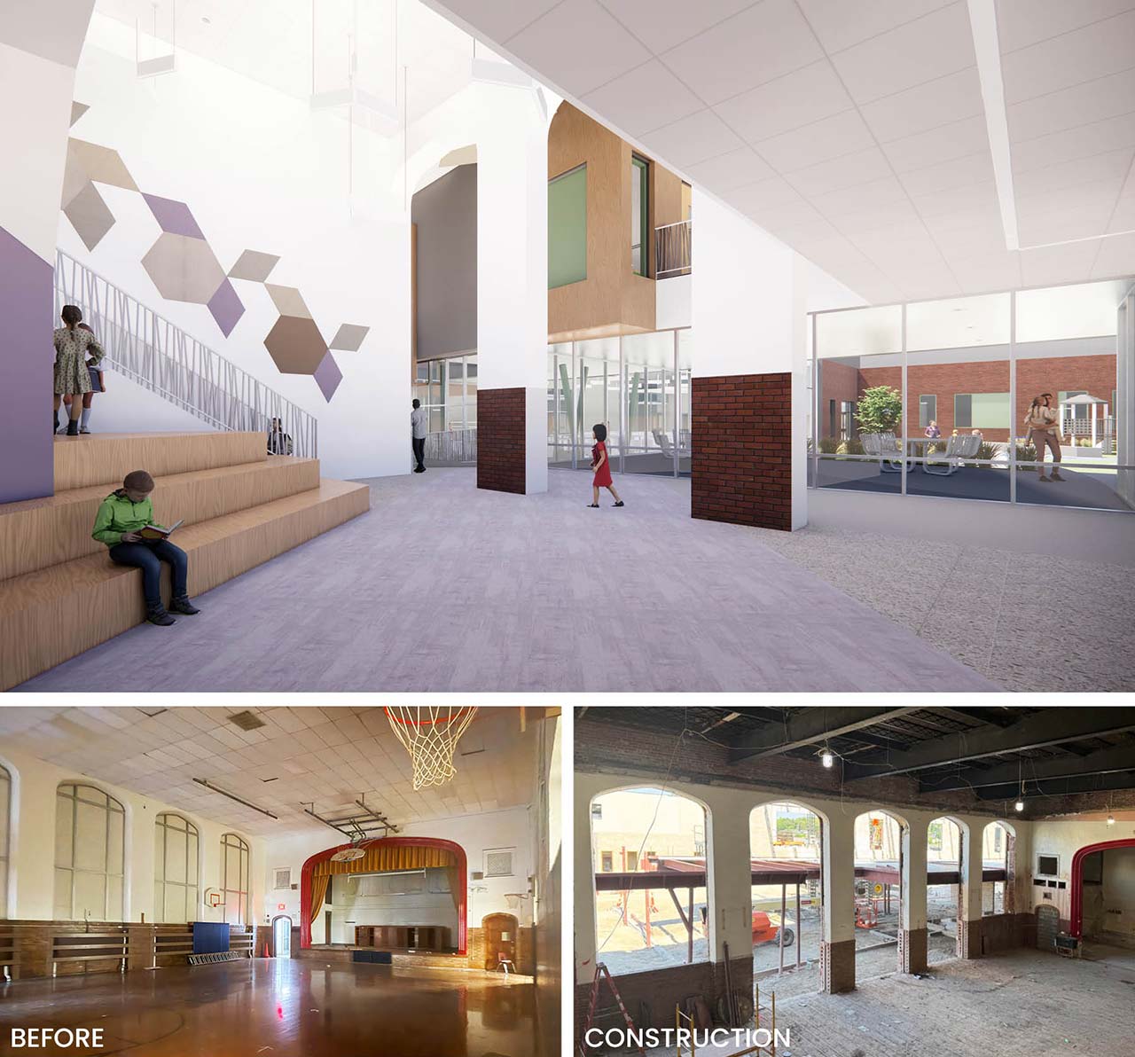 Rendering, before photo, and construction photo show the transformation of Harrison Elementary School’s historic gym into a light-filled student commons in Cedar Rapids, Iowa.