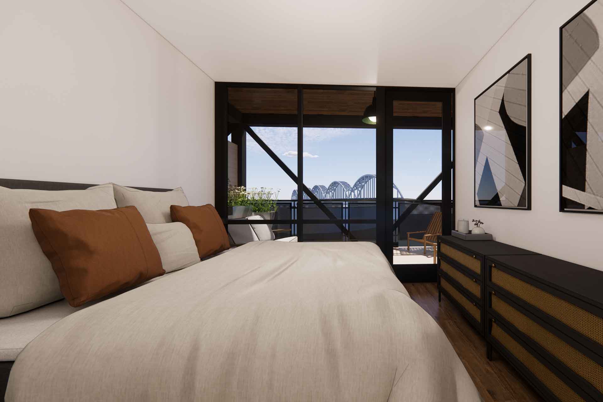 Rendering of a modern bedroom with a balcony overlooking a scenic bridge structure in the distance.