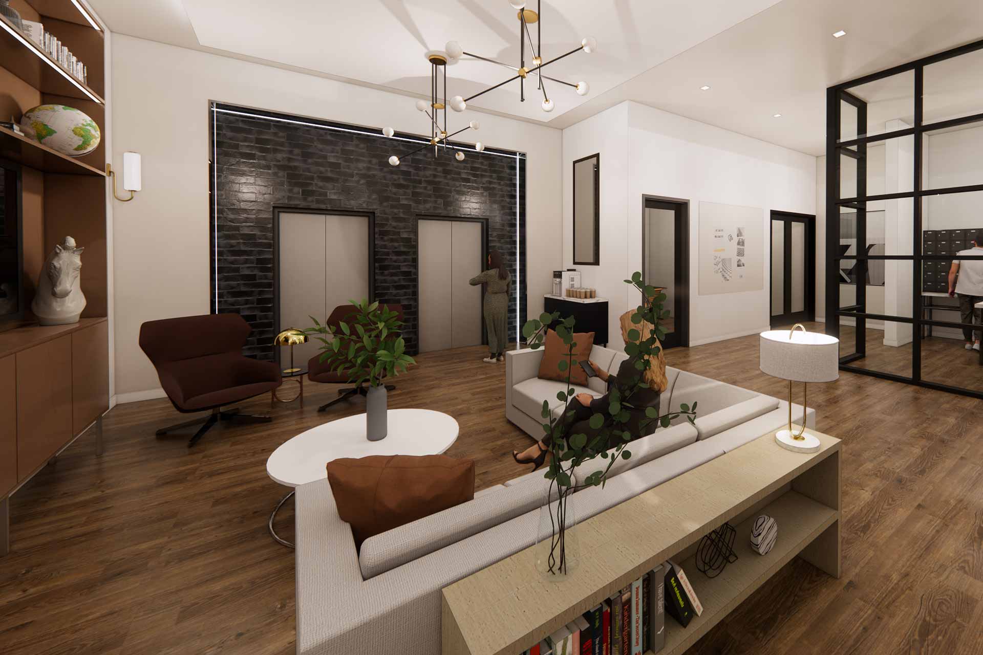 Architectural rendering of a modern lobby lounge with sectionals, armchairs, modern chandeliers, and elevators.