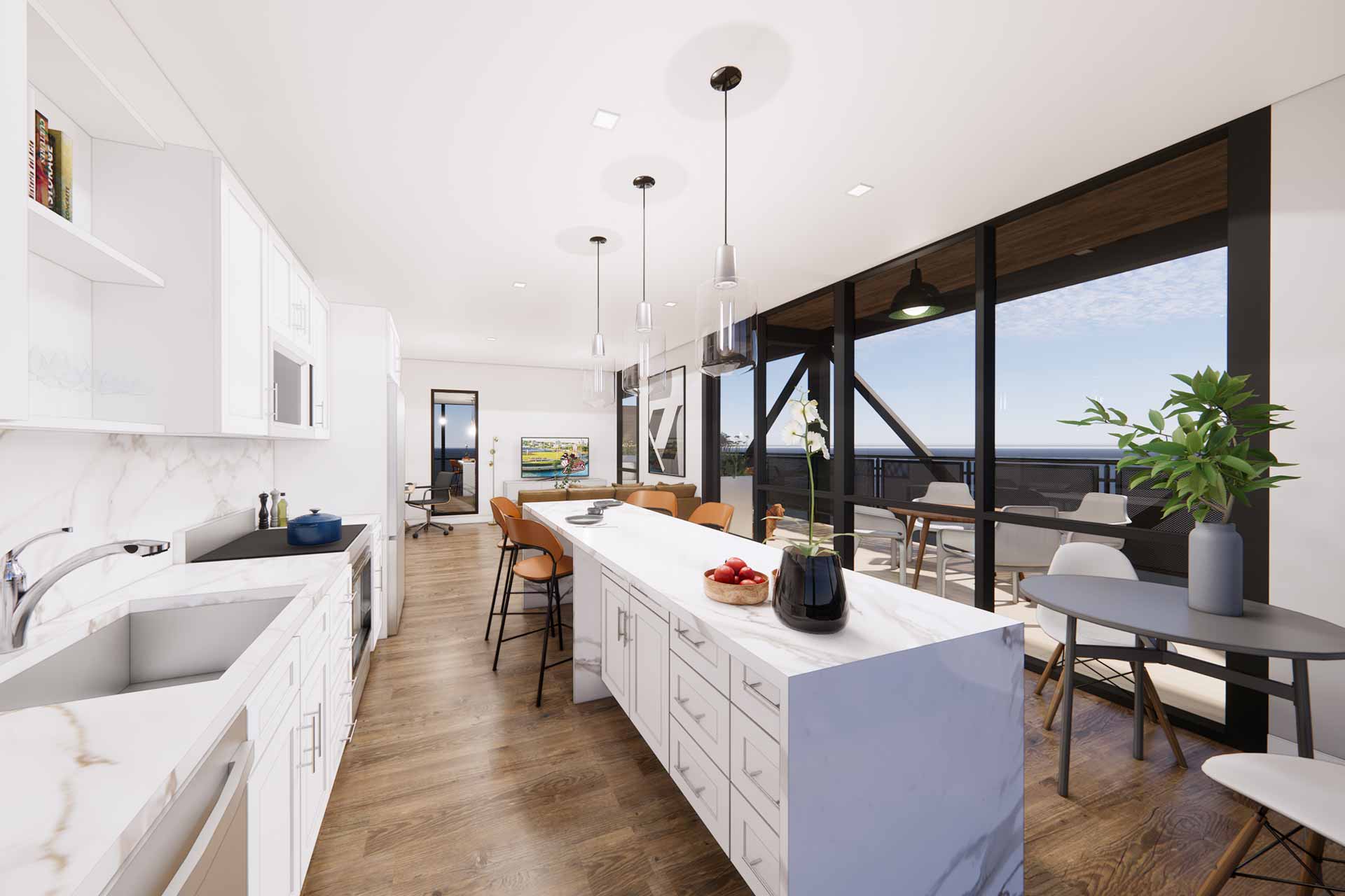 Rendering of a modern open-concept kitchen with a long white waterfall island, marble counters, and large windows.