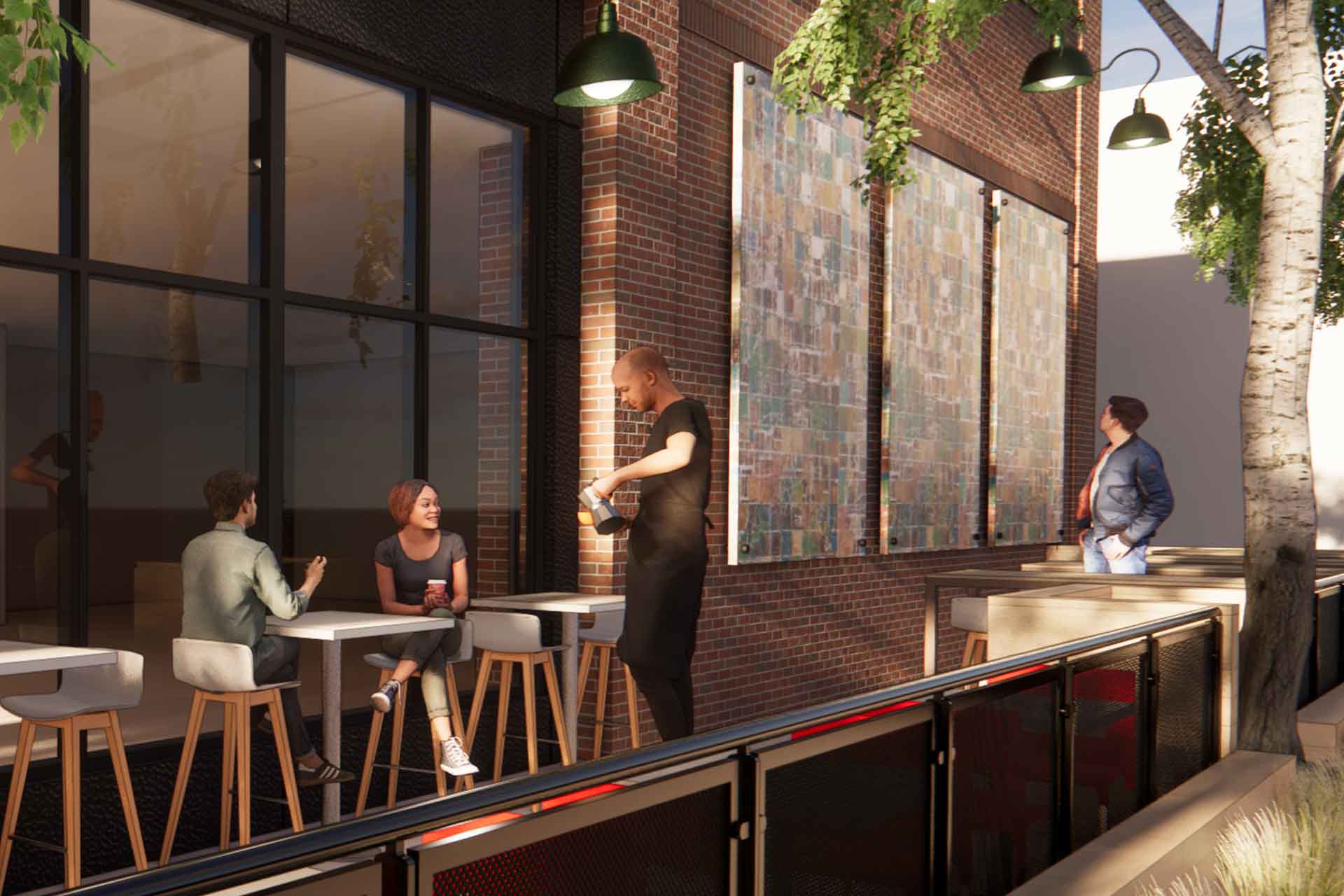 Rendering of an outdoor cafe patio along a brick wall where a barista serves seated customers.