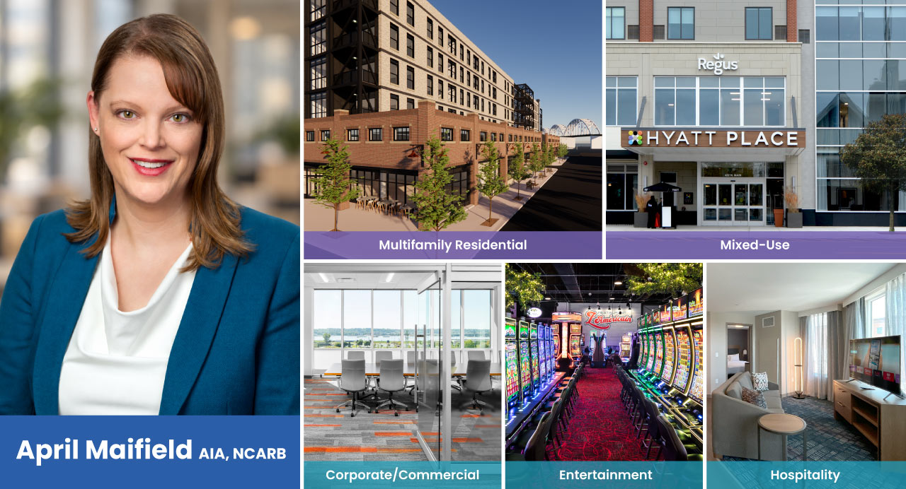 April Maifield of Legat Architects with examples of multifamily residential, mixed-use, corporate/commercial, entertainment, and hospitality projects.