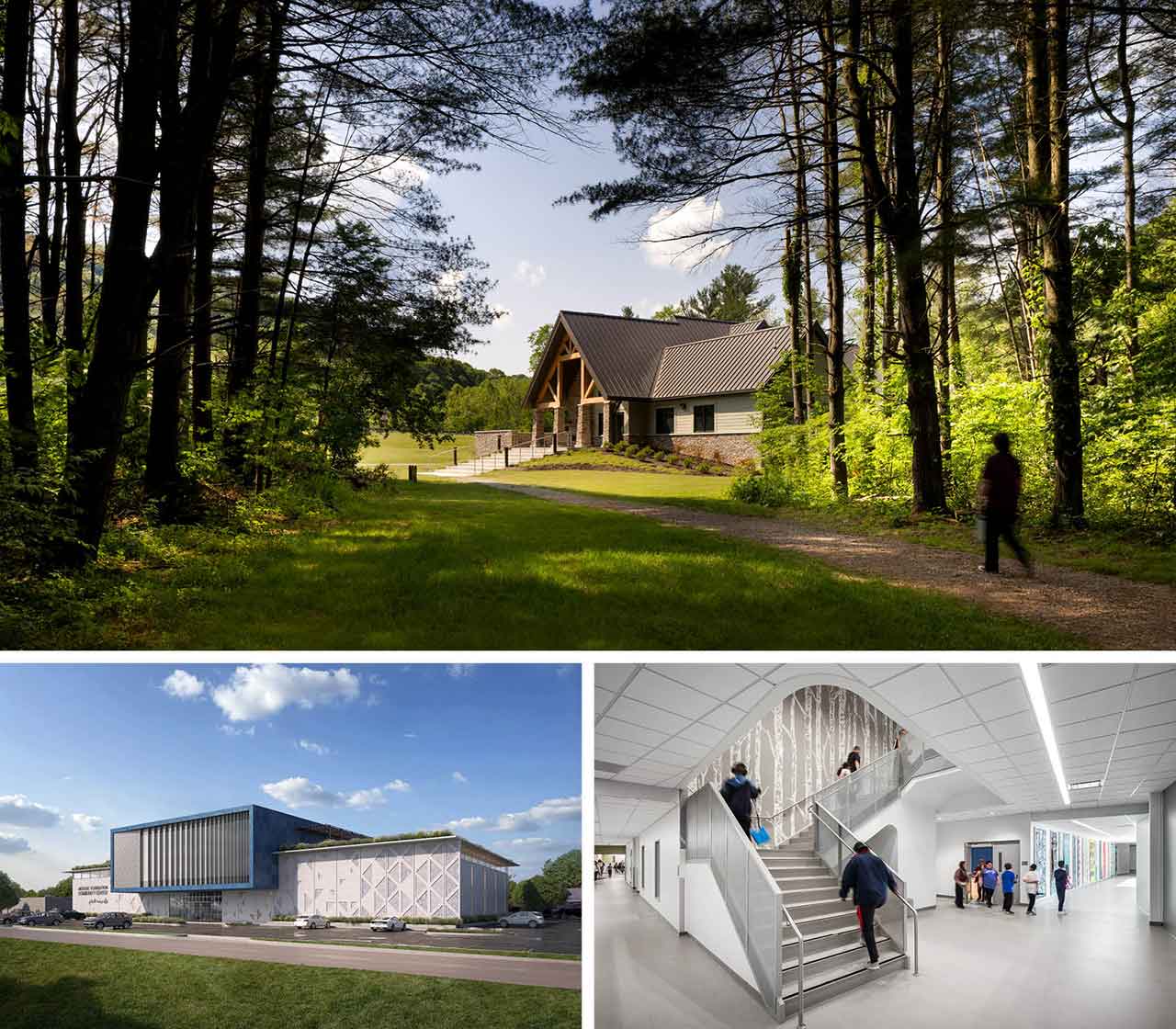 Legat Architects project collage featuring a state park visitor center, an Islamic community center, and a special education facility interior.