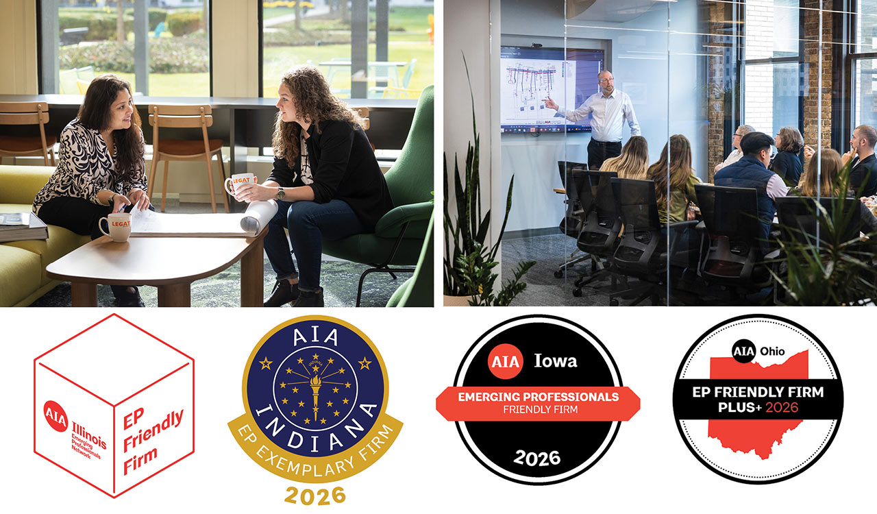 Legat Architects emerging professional recognition collage with employees collaborating and AIA Illinois, Indiana, Iowa, and Ohio EP Friendly Firm badges.