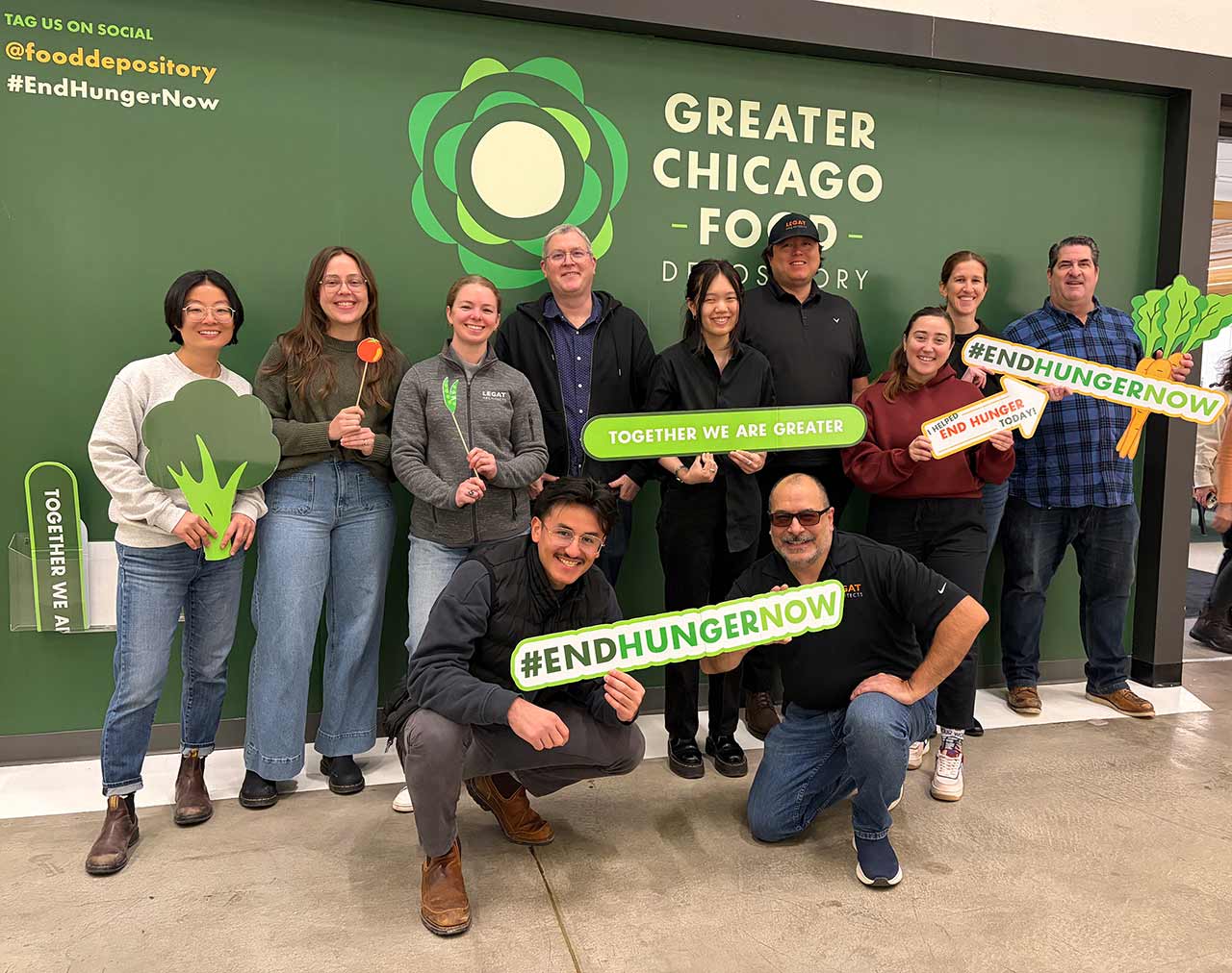 Legat Architects team members giving back at the Greater Chicago Food Depository during a volunteer outreach event.