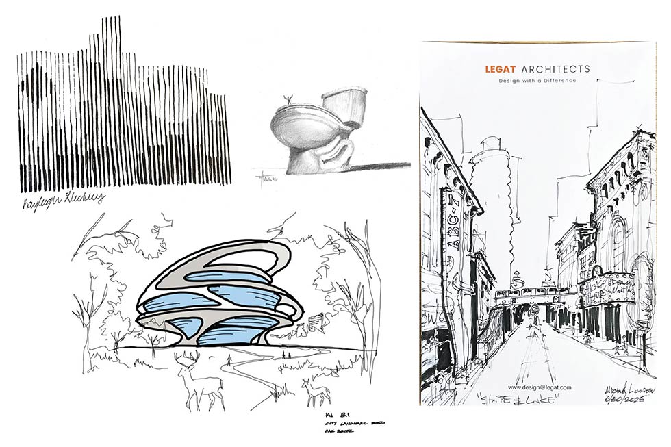 Legat Architects sketch challenge entries showing architectural drawings, conceptual designs, and playful illustrations created during a firmwide design exercise.