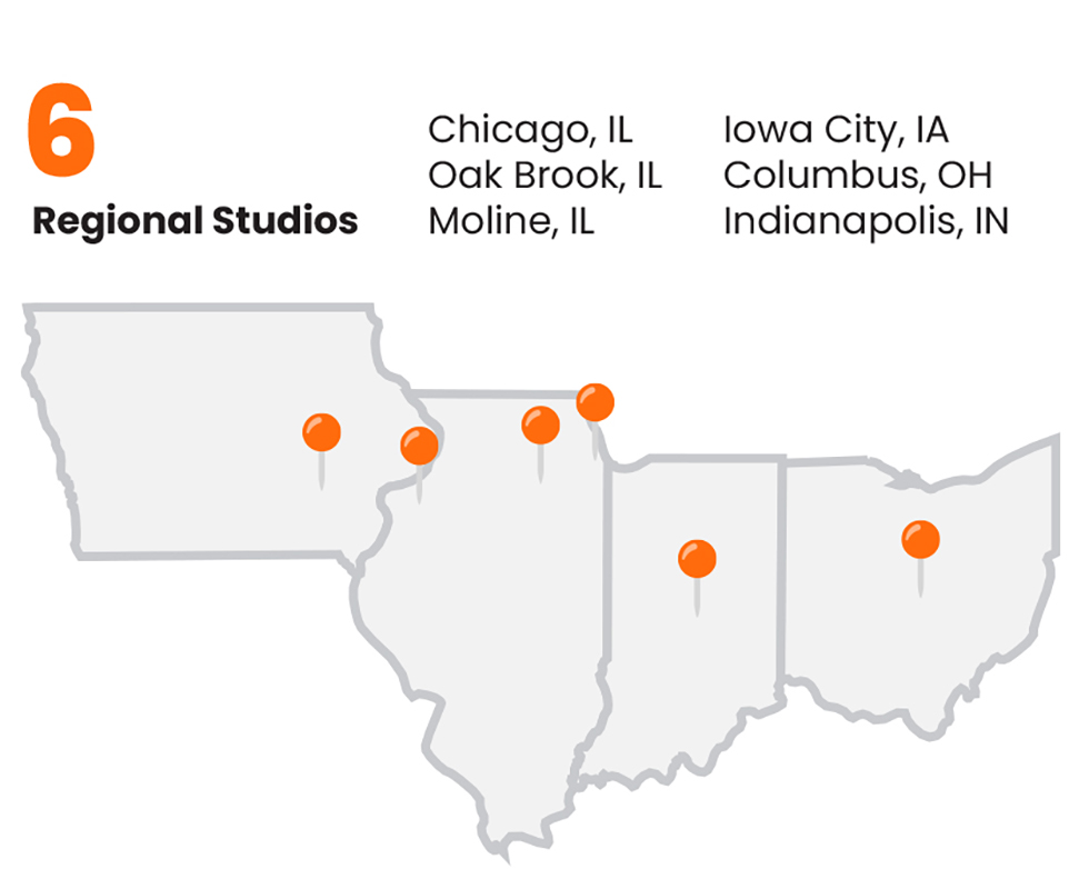 Map showing Legat Architects’ six regional studio locations in Chicago, Oak Brook, Moline, Iowa City, Columbus, and Indianapolis.